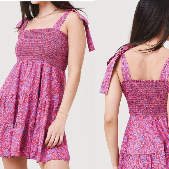 Xirena Lori Dress Pink Floral Smocked Pocket Mini Tie strap L - Picture 1 of 11